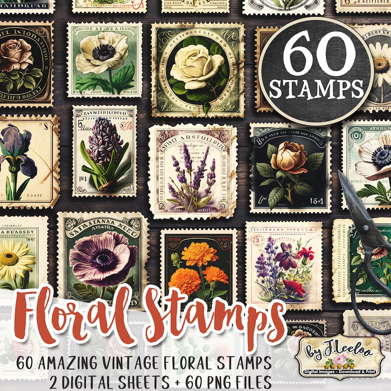 Fake FLORAL STAMPS Postage Png Printable Junk Journal Flower Etsy