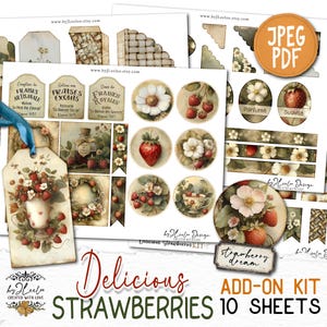 Kit complementario de deliciosas fresas / Páginas imprimibles para diario basura / Scrapbooking romántico vintage / Collage de álbumes de recortes y creación de tarjetas / pp918