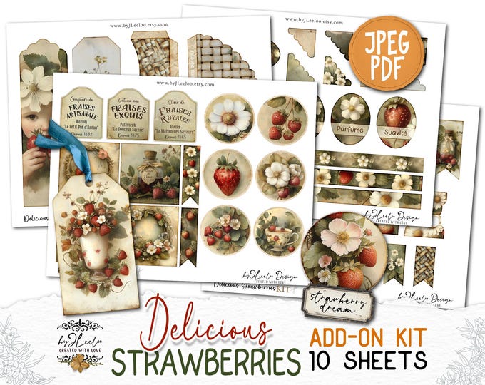 Delicious STRAWBERRIES ADD-ON Kit | Junk Journal Pages Printable | Vintage Romantic Digiscrap | Scrapbook Collage & Card Making | pp918