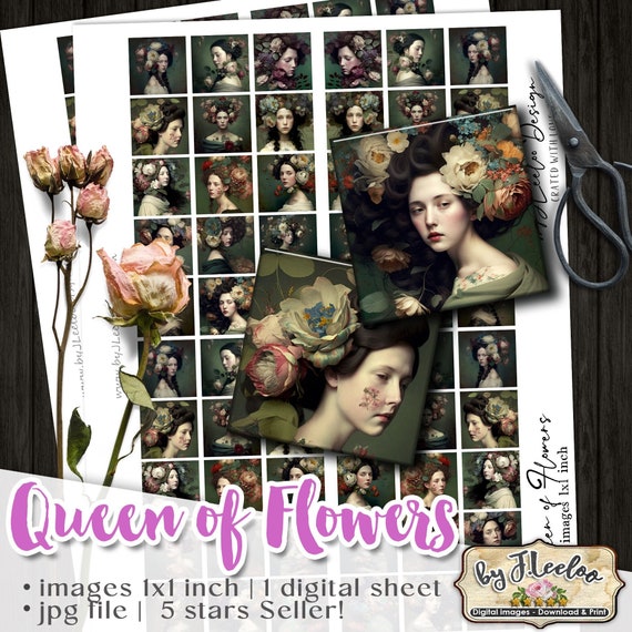 QUEEN of FLOWERS square pendants | women with romantic flowers | chic french portrait | vintage botanical portraits | flowery spring qu548
