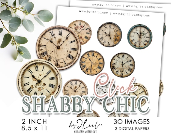 SHABBY CHIC CLOCK 2 inch printable | Vintage supplies circle pendants charm pin sticker tag | Ephemera Digital Art Digital Download | tn778