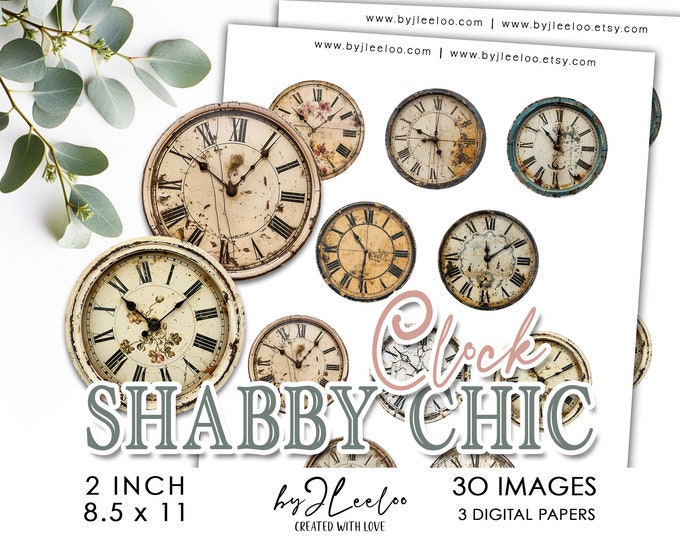 SHABBY CHIC CLOCK 2 inch printable | Vintage supplies circle pendants charm pin sticker tag | Ephemera Digital Art Digital Download | tn778