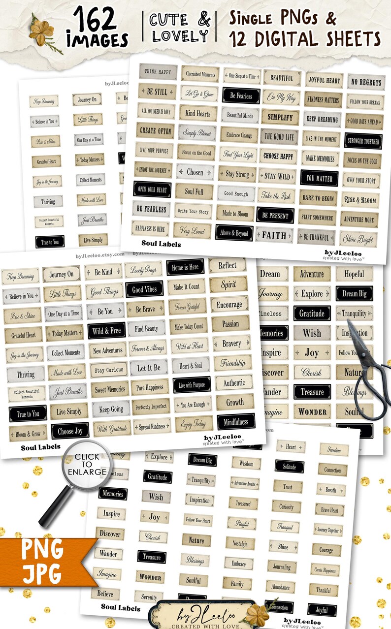 May include: Digital sheet of 162 images with inspirational words like "Dream," "Joy," and "Gratitude." The design features a vintage aesthetic with a neutral color palette and the text "Cute & Lovely."