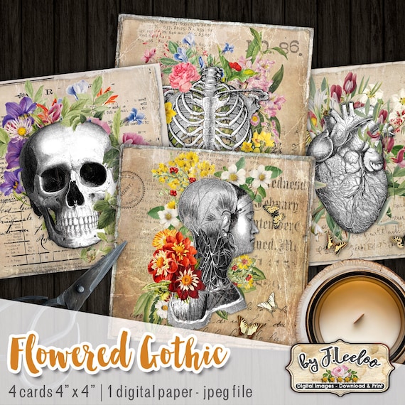 FLOWERED GOTHIC cards 4x4 inch victorian Halloween anatomy table Digital collage sheet coaster sticker hang tags instant download qu535