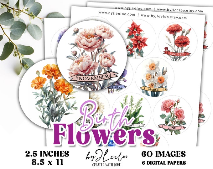 BIRTH FLOWERS 2.5 inch printable pendant | Circle Birth Month Flower round sticker bottlecap cabochon | Fussy cut digital download | tn812