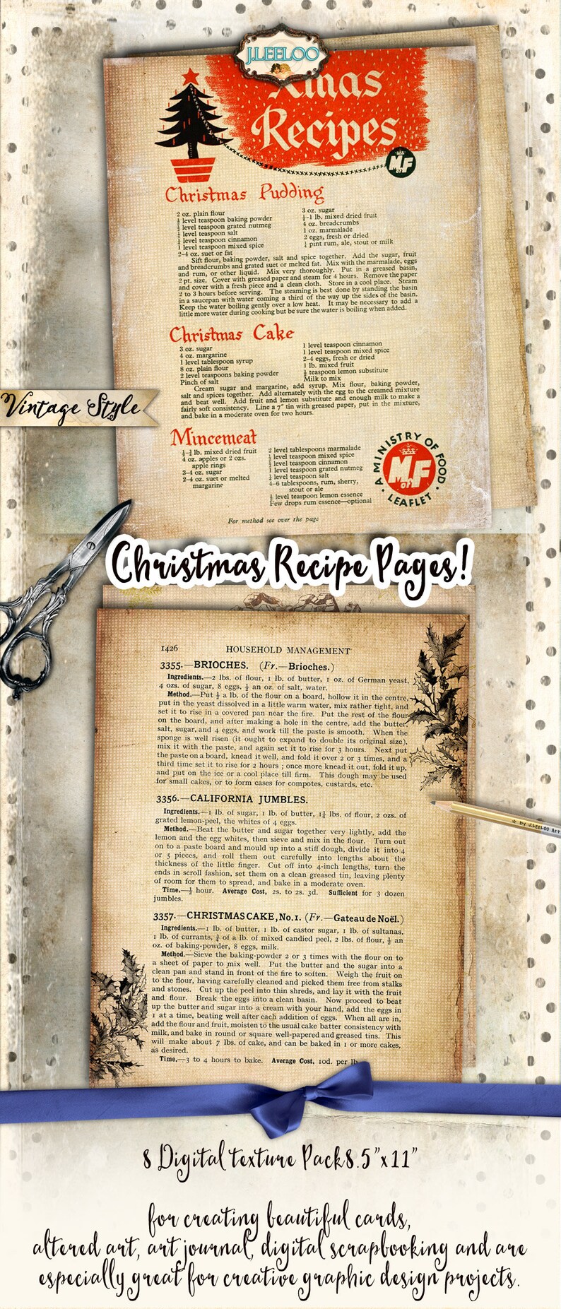 CHRISTMAS RECIPE 8 large vintage holidays food digital collage sheets papers for scrapbook jpg art instant download printable pp433