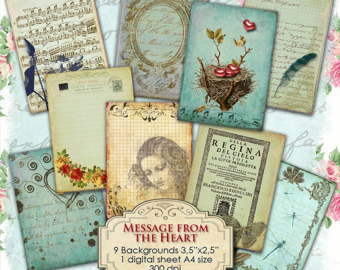 MESSAGE FROM the HEART atc aceo size Digital shabby chic collage sheet french style jewelry chic holder paper goods ac246