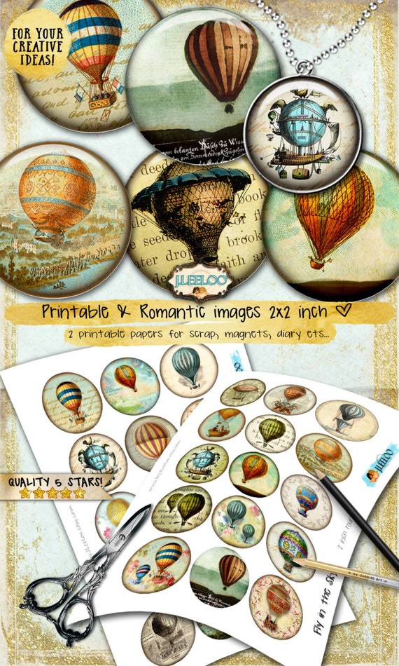 Digital collages FLY in the SKY 2 inch circle hot air balloon montgolfier for pendant magnet craft instant download print paper tn520
