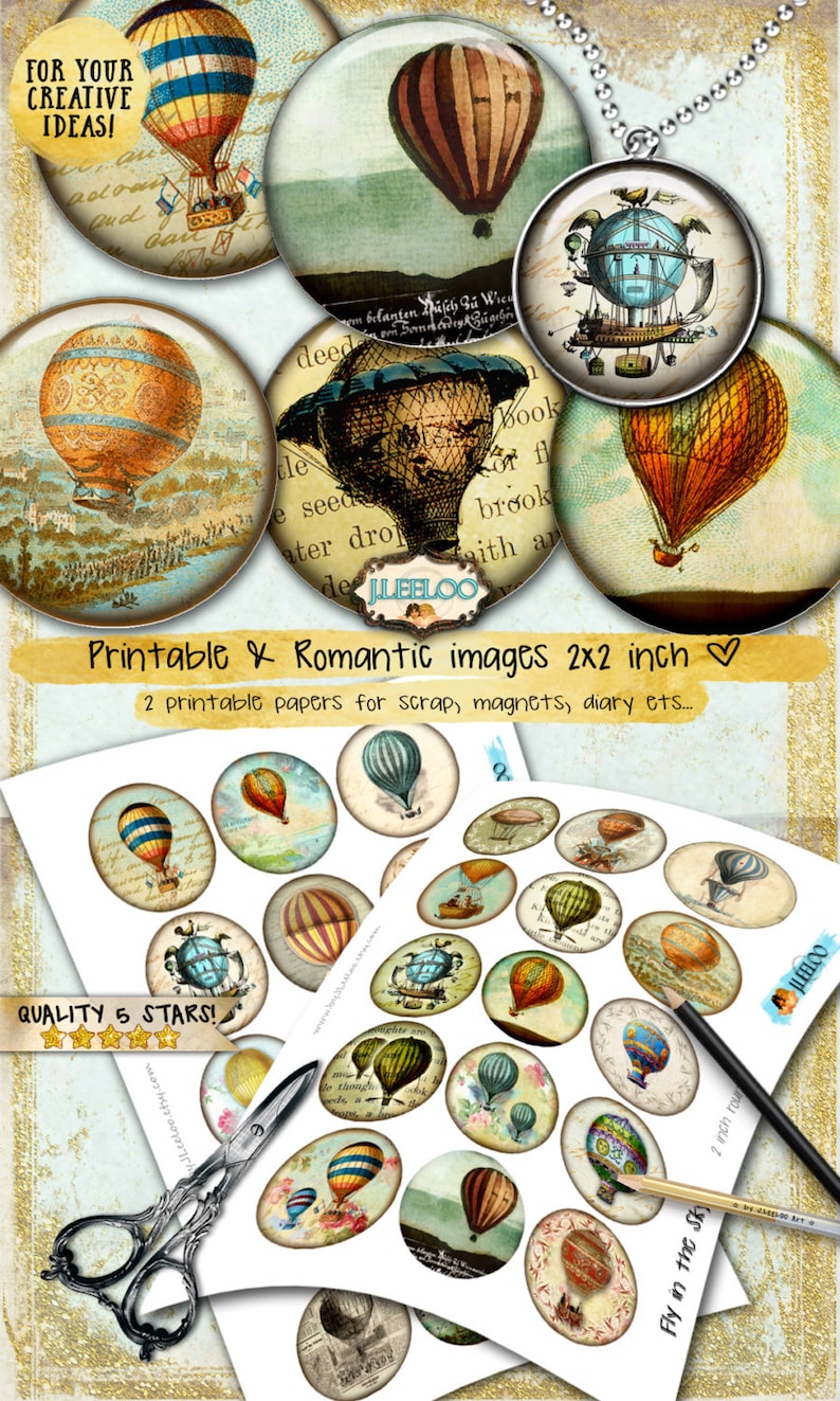 Digital collages FLY in the SKY 2 inch circle hot air balloon montgolfier for pendant magnet craft instant download print paper tn520