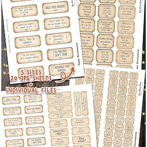 May include: A collection of digital printable sheets featuring rectangular labels with vintage-style borders and various humorous phrases such as "Bless your little heart," "Hold your horses," and "I'm not lazy, I'm on energy saving mode" in black text.