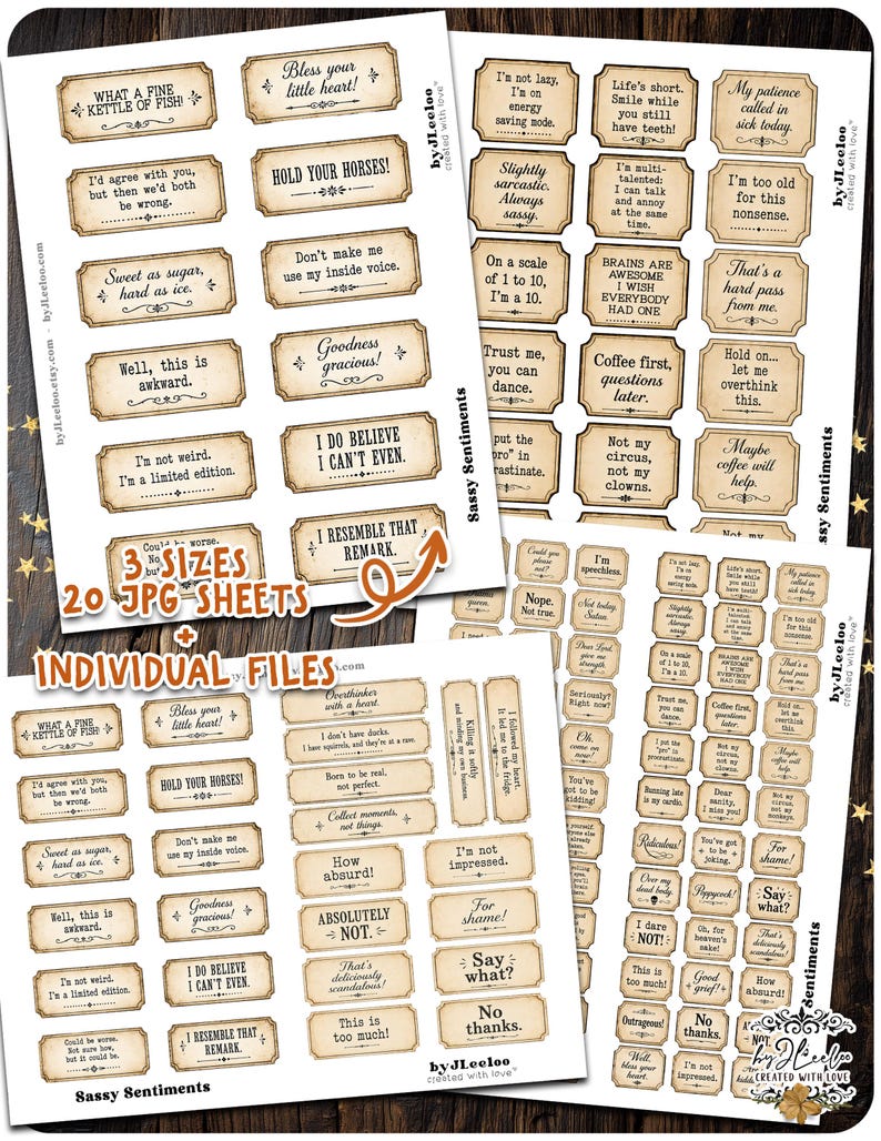 May include: A collection of digital printable sheets featuring rectangular labels with vintage-style borders and various humorous phrases such as "Bless your little heart," "Hold your horses," and "I'm not lazy, I'm on energy saving mode" in black text.