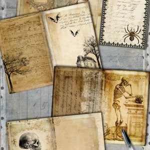 May include: A collection of vintage-style digital papers with a gothic theme. The papers feature illustrations of skeletons, bats, skulls, and handwritten text. The color palette includes sepia tones, creating an antique aesthetic. The text in the image says "Have fun with them: let your imagination run free!"