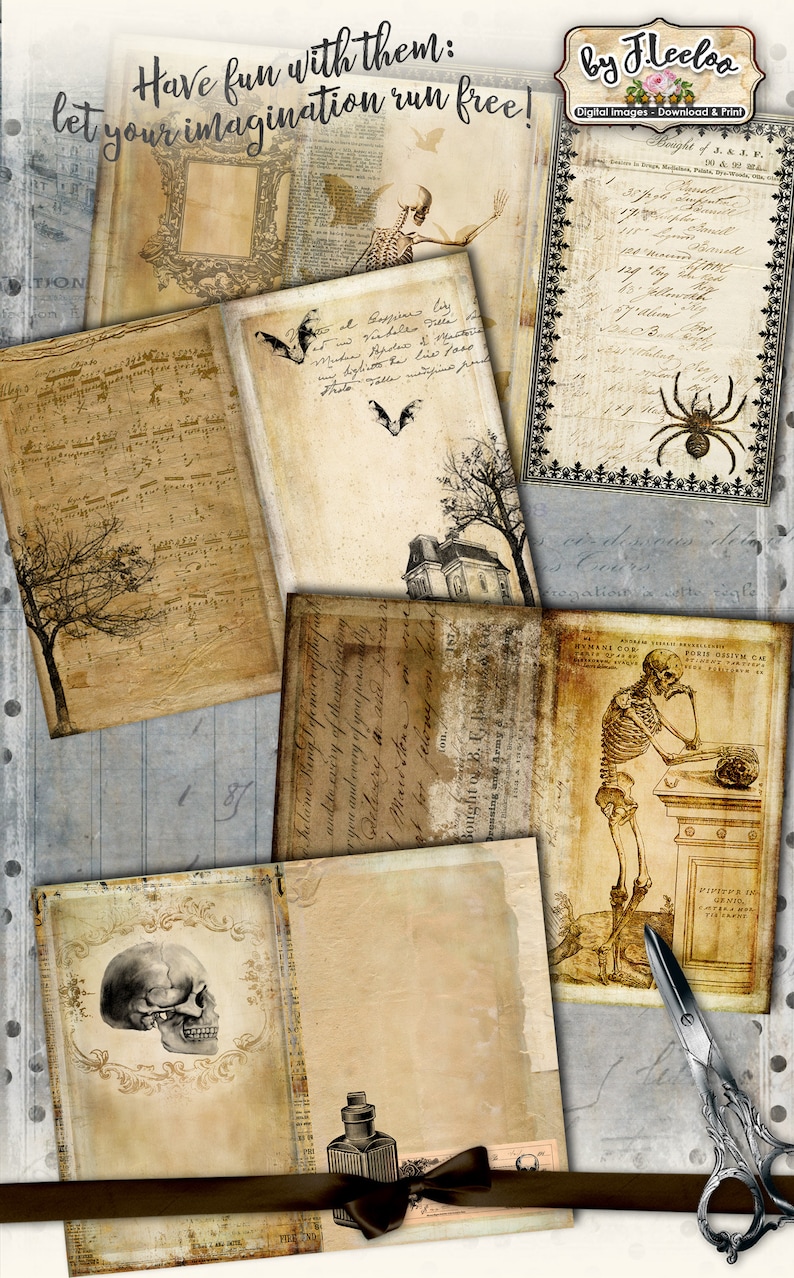 May include: A collection of vintage-style digital papers with a gothic theme. The papers feature illustrations of skeletons, bats, skulls, and handwritten text. The color palette includes sepia tones, creating an antique aesthetic. The text in the image says "Have fun with them: let your imagination run free!"