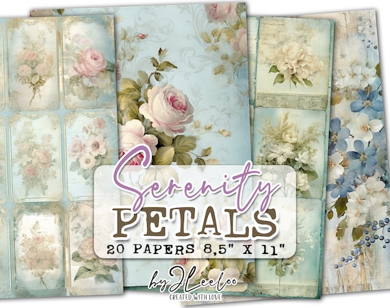 SERENITY PETALS vintage tattered shabby chic papers | Junk Journal Romantic soft pages background | digital ephemera card making | pp645