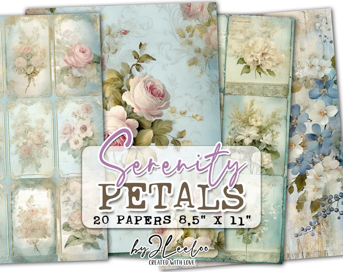 SERENITY PETALS vintage tattered shabby chic papers | Junk Journal Romantic soft pages background | digital ephemera card making | pp645
