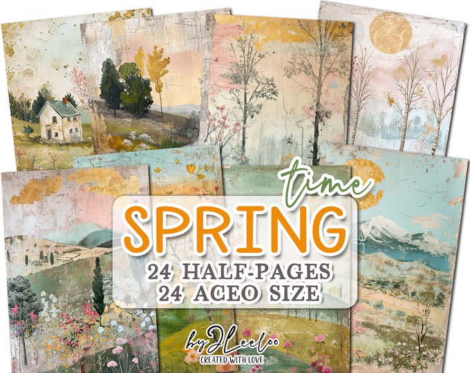 SPRINGTIME half pages aceo print for spring junk journal Mixed Media | Hand-drawn painting supplies card collage diary gold foil | pp697