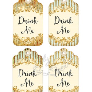 May include: Four printable gift tags with a vintage aesthetic. Each tag features a gold and white striped background with a gold ornate frame and the text "Drink Me". The tags are 4.5 inches by 2.7 inches.