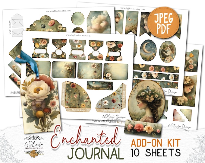 ENCHANTED Journal ADD-ON Kit | Junk Journal Pages Mystical Printable Digiscrap | Ethereal Botanical Card Making Supplies Fussy Cut | pp914