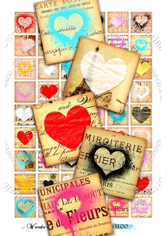 Digital collage sheet WORDS OF LOVE 1x1 square for pendants heart love valentine magnet cabochon instant download printable qu229