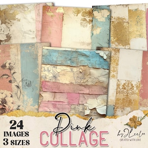 COLLAGE ROSA 24 sfondo pastello 3 dimensioni / Pagine collage di diario spazzatura / Carte rustiche per fondali / scrapbook digitale / Uso commerciale / pp923