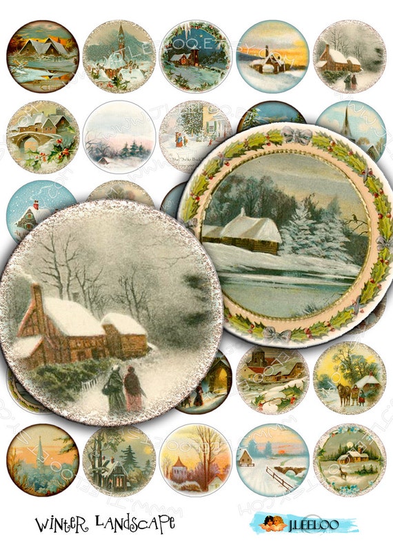 Digital printable WINTER LANDSCAPE 1.5 inch circle sheets christmas holidays digital images pendant magnet instant download tn242