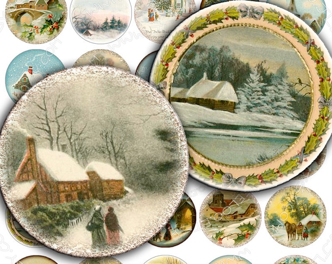 Digital printable WINTER LANDSCAPE 1.5 inch circle sheets christmas holidays digital images pendant magnet instant download tn242