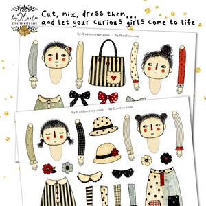 Puede incluir: Dos hojas de papel con mu&ntilde;ecas y accesorios ilustrados para recortar. Las mu&ntilde;ecas tienen caras en blanco y varios atuendos, sombreros y lazos. El texto dice: "Corta, mezcla, v&iacute;stelas... y deja que tus chicas curiosas cobren vida."