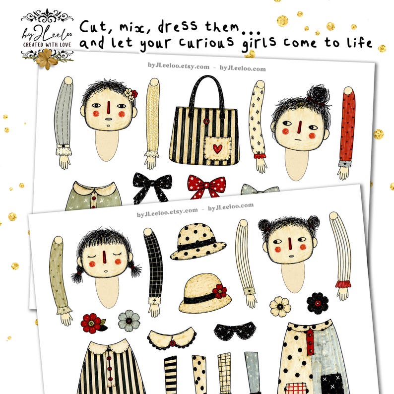 Puede incluir: Dos hojas de papel con mu&ntilde;ecas y accesorios ilustrados para recortar. Las mu&ntilde;ecas tienen caras en blanco y varios atuendos, sombreros y lazos. El texto dice: "Corta, mezcla, v&iacute;stelas... y deja que tus chicas curiosas cobren vida."