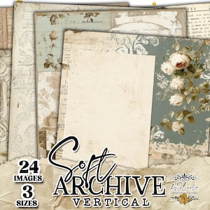 Peut inclure: Un ensemble de feuilles de papier de style vintage avec des motifs floraux et manuscrits. Les papiers présentent une palette de couleurs douces beige, bleu et crème. Le texte "Soft Archive Vertical" est affiché, ainsi que des détails sur les images et les tailles.