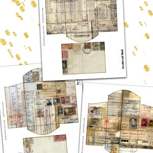 May include: A collage of vintage-style paper ephemera, including envelopes and sheets with aged textures, stamps, and handwritten notes. The set includes 15 sheets and 16 envelopes, each 8.5 x 11 inches. The words "Archived Mail" are visible.