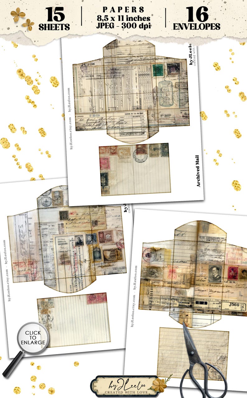 May include: A collage of vintage-style paper ephemera, including envelopes and sheets with aged textures, stamps, and handwritten notes. The set includes 15 sheets and 16 envelopes, each 8.5 x 11 inches. The words "Archived Mail" are visible.