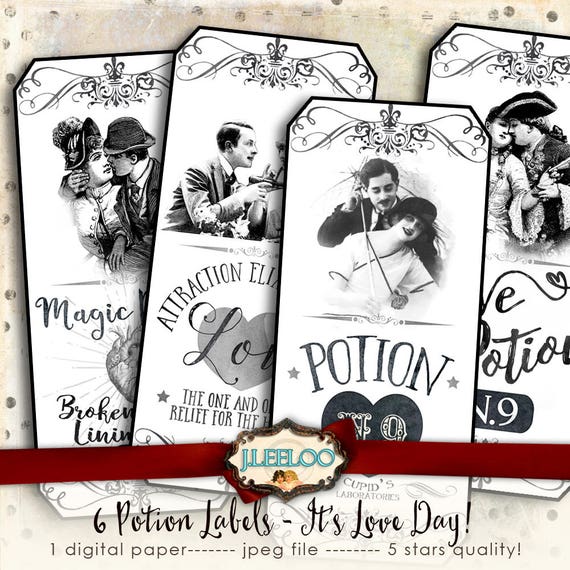 POTION OF LOVE label tag apothecary clipart valentine crafting paper art scrap Digital collage sheet printable instant download tl190