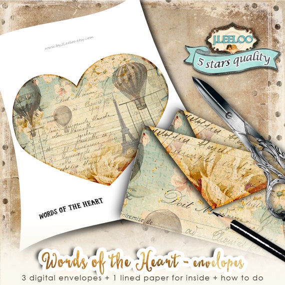 VALENTINE ENVELOPES heart cards gift Digital collage sheet journal scrapbook hobby diy vintage french instant download printable pp408