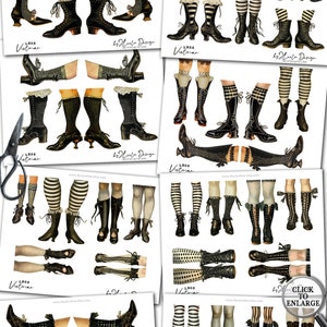 May include: Thirteen digital papers featuring Victorian-style legs in black boots and stockings with various patterns. The papers are 8.5 inches by 11 inches and 300 dpi.