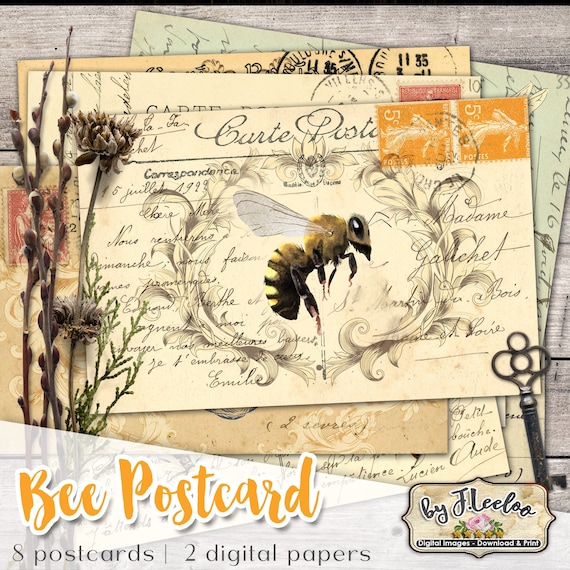 BEE POSTCARD junk journal ephemera scrapbooking paper crafting old notebook collage sheet printable paper | pp540