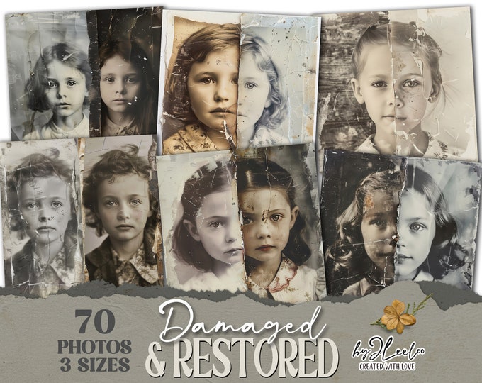 DAMAGED AND RESTORED Collection 70 vintage photos | Double photos junk journal digital ephemera supplies | victorian photo cards | cp020