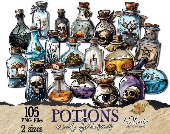 POTIONS and POISONS sticker clipart vintage supplies | PNG fussy cuts grungy printable junk journal | Halloween digital decoration | cl172