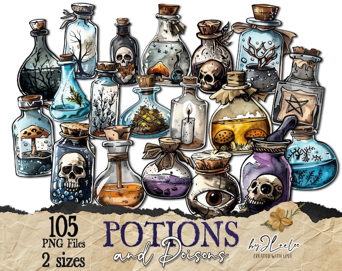 POTIONS and POISONS sticker clipart vintage supplies | PNG fussy cuts grungy printable junk journal | Halloween digital decoration | cl172