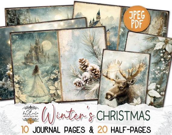 WINTER'S CHRISTMAS Junk Journal Pages printable | Forest Winter Queen Kit scrapbook | December Paper Craft Scrapbook Commercial Use | pp875