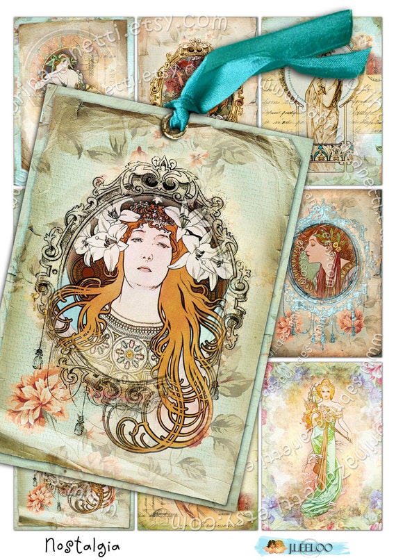 NOSTALGIA old photo aceo size  Digital collage sheet mucha liberty printable jewelry holder cards background vintage ac184