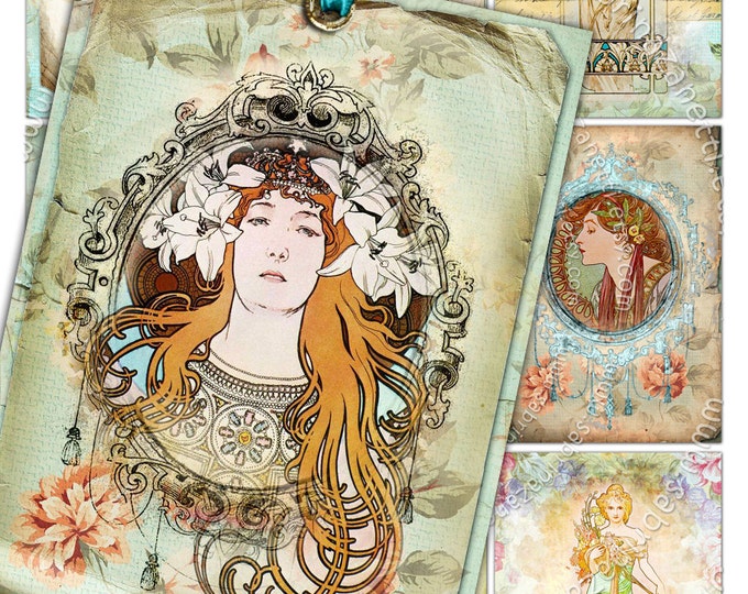 NOSTALGIA old photo aceo size  Digital collage sheet mucha liberty printable jewelry holder cards background vintage ac184