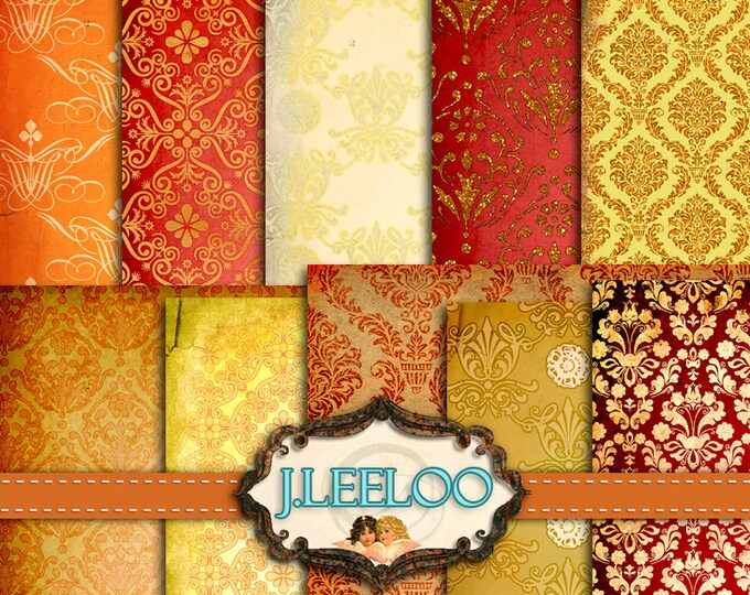 SUNSET backgrounds vintage damask red orange color for scrapbook Digital collage sheet instant download printable paper goods pp256