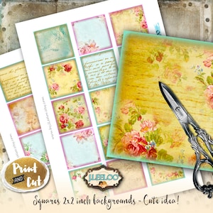 May include: Printable digital paper pack with 16 floral and vintage-inspired backgrounds. Each square is 2x2 inches and perfect for scrapbooking, card making, and other crafts.