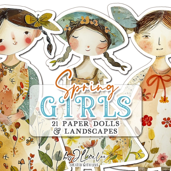 SPRING GIRLS paper doll printable kit junk journal cut off | Paper Dolls journaling supplies Collage | fussy cut doll digital | pp695