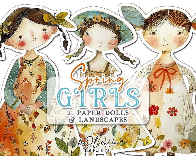 SPRING GIRLS paper doll printable kit junk journal cut off | Paper Dolls journaling supplies Collage | fussy cut doll digital | pp695