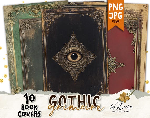 GOTHIC GRIMOIRE 10 book cover supplies | Antique Victorian paper craft | Junk Journal cover ephemera Halloween digital download CU | pp898