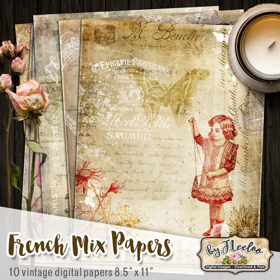 FRENCH MIX PAPERS digital shabby journal book Paris flower collage sheet distressed scrapbooking instant download printable diary pp519