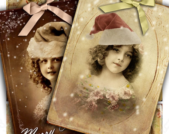 A CHILDREN IN CHRISTMAS printable Digital collage sheet graphic gift tags instant download holidays background vintage paper ac269