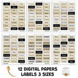 May include: A collection of digital paper labels in three sizes, featuring various inspirational words and phrases in a vintage style. The labels are beige with black text, perfect for crafting or journaling projects.