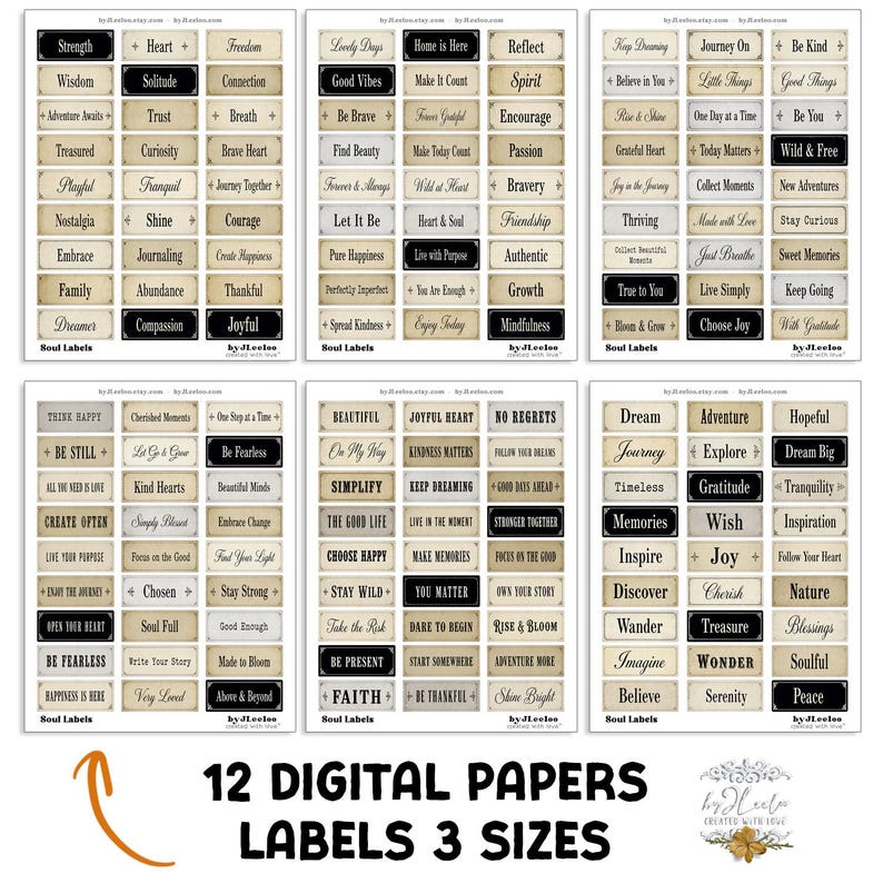 May include: A collection of digital paper labels in three sizes, featuring various inspirational words and phrases in a vintage style. The labels are beige with black text, perfect for crafting or journaling projects.